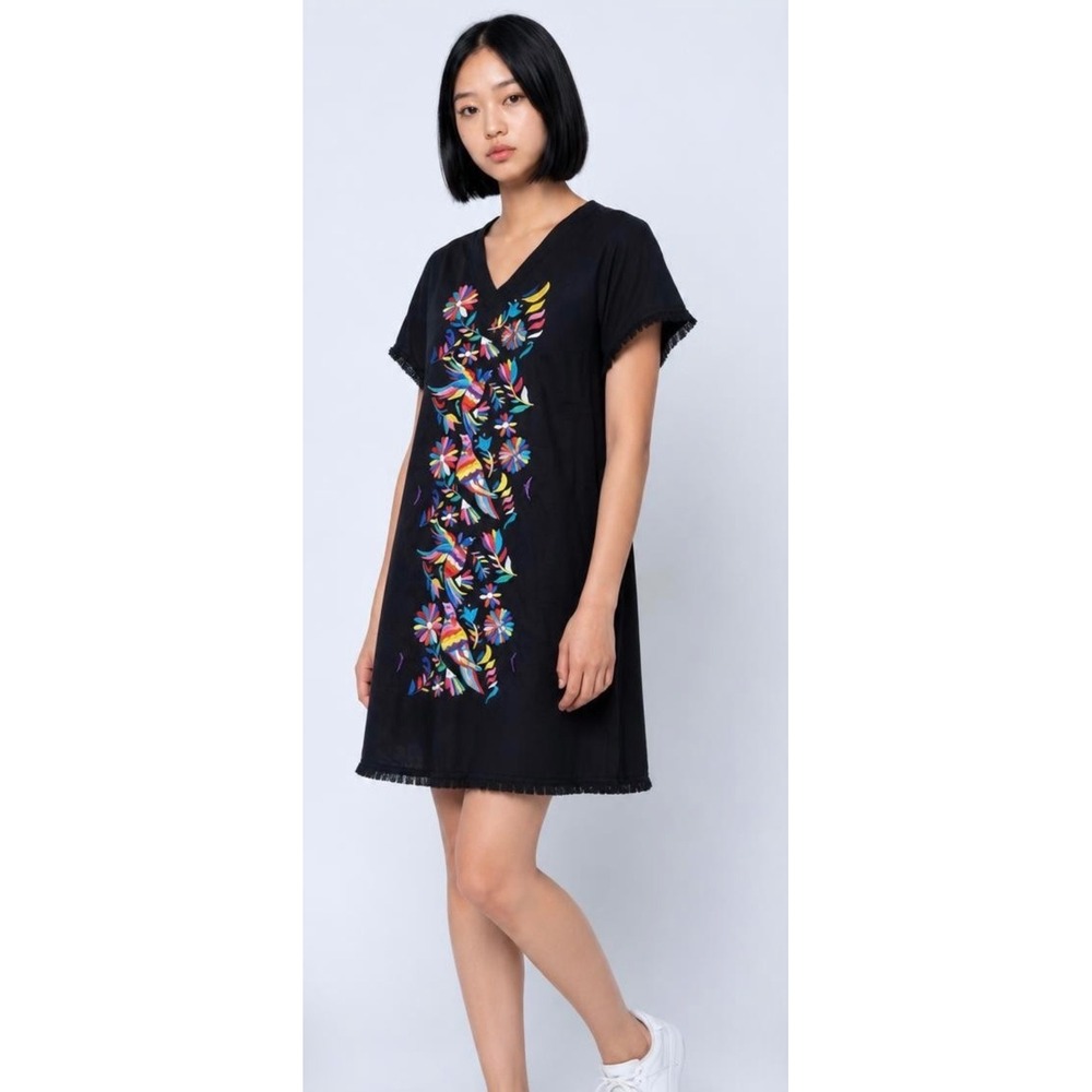 Judith March Embroidered Dress Women Medium Black Excellent Bird Floral Fringe